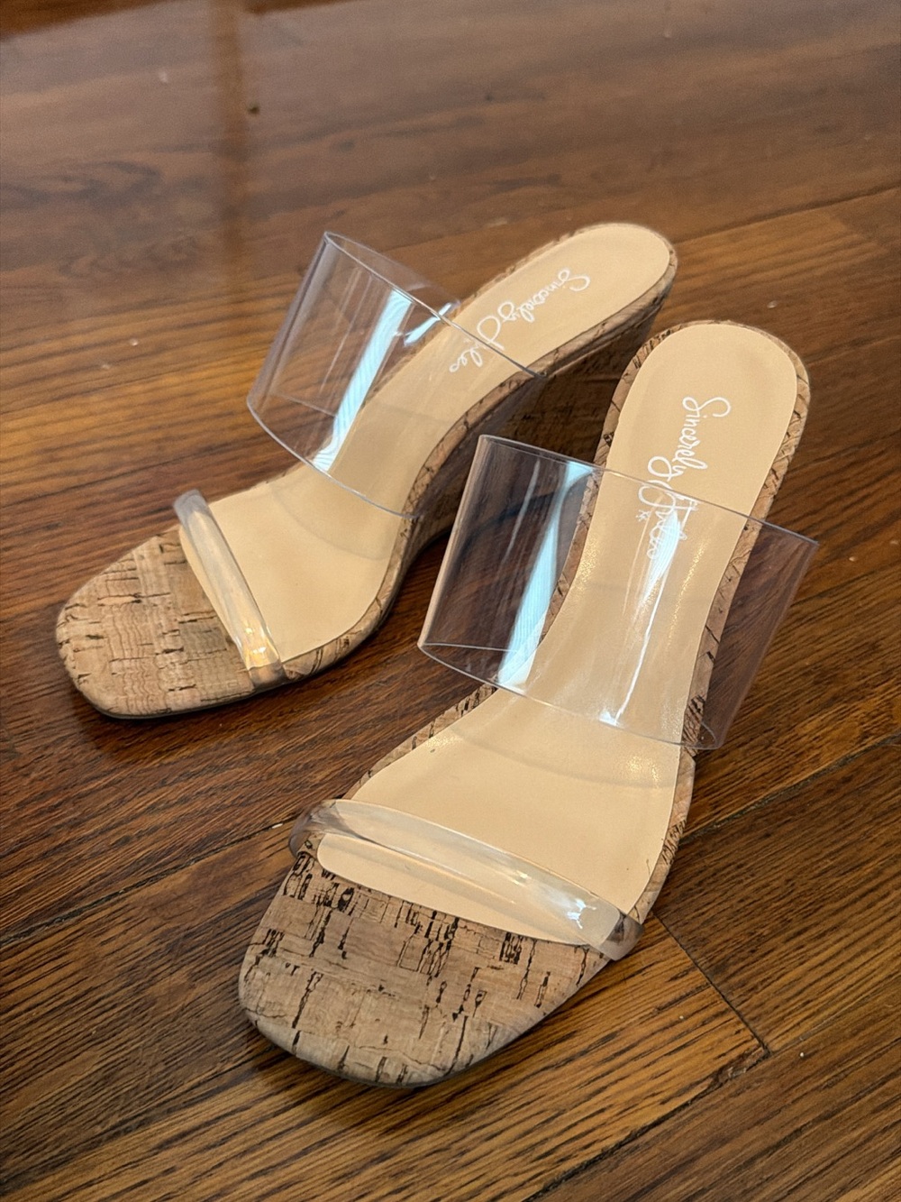 Sincerely Jules Clear Double Strap Cork Wedge Sandals